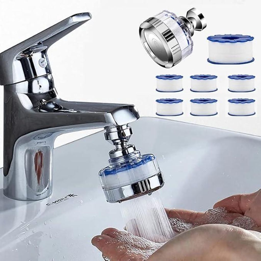 A faucet with a water filter attached, with hands being washed under the running water.