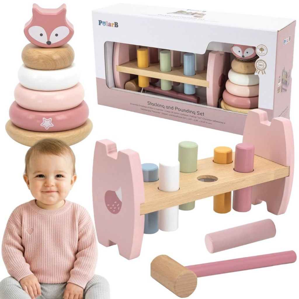 Viga Polarb Holzpyramide + Locher mit Hammer Set Montessori Fuchs