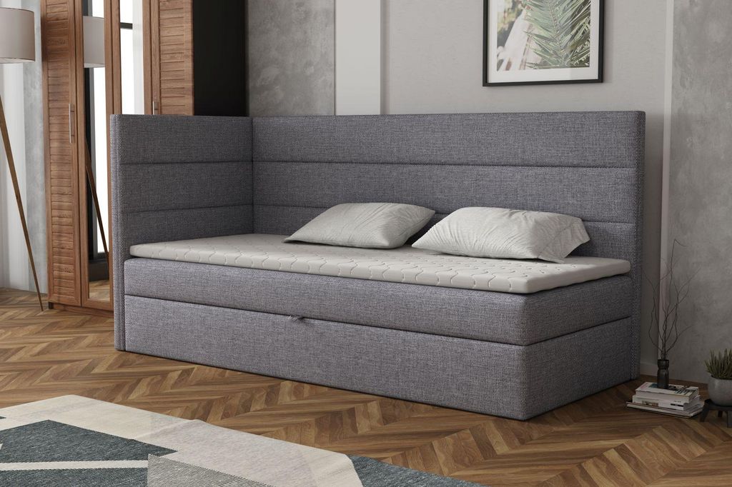 MR GROUP Boxspringbett LUGO 100x200cm links hellgrau Einzelbett Bett Stauraum Kinderbett Jugendbett Samtstoff, Polsterbett Matratze und Topper H3