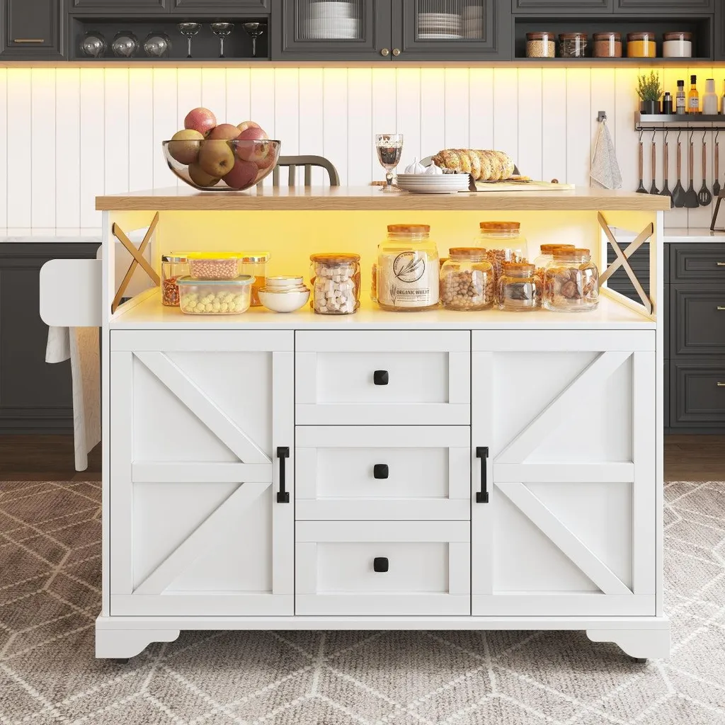 Îlot de cuisine moderne LED blanc avec table rabattable et rangements - 11