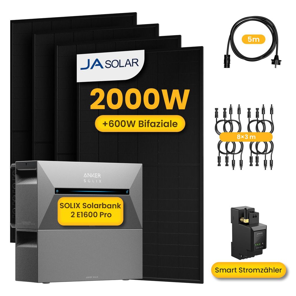 Powerness Balkonkraftwerk mit Speicher,Anker Solarbank 2 E1600 Pro Speicher mit BP1600 Erweiterungsakku und 4x 500W JA Solar Solarmodule & Smartm...