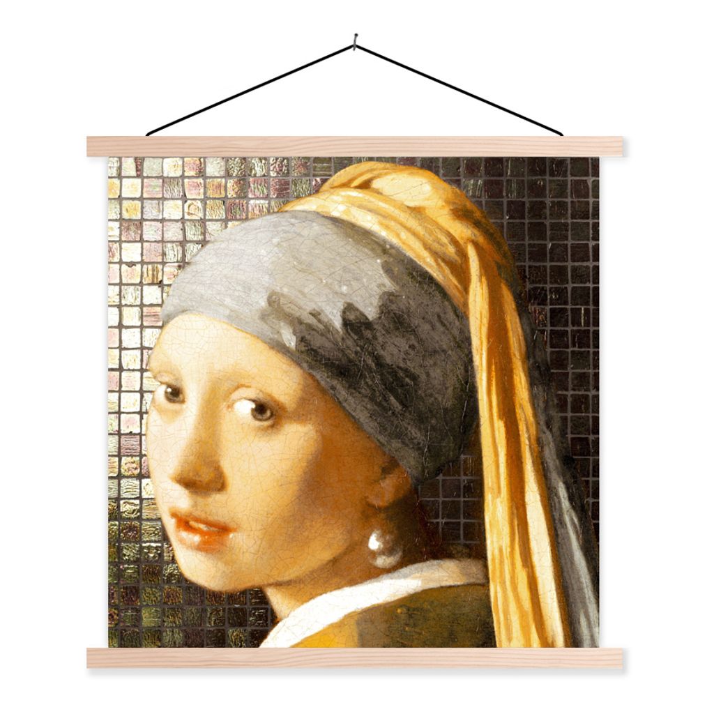 MuchoWow Textilposter Alte Meister - Mädchen mit Perlenohrring - Kacheln 120x120 cm mit holzfarbenen Rahmen - Textil-Poster