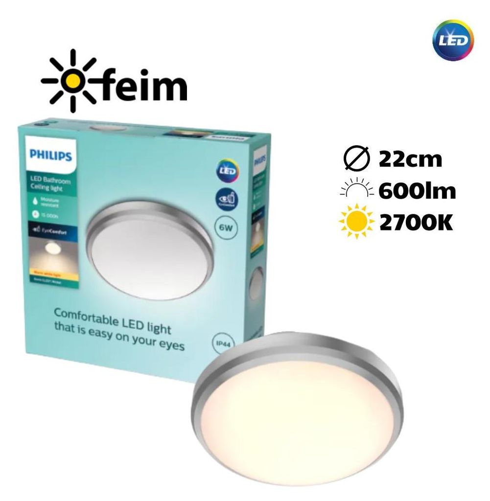 Philips Funktional Doris Deckenleuchte, 6 W, LED, Nicht austauschbare(s) Leuchtmittel, 600 lm, IP44, Nickel