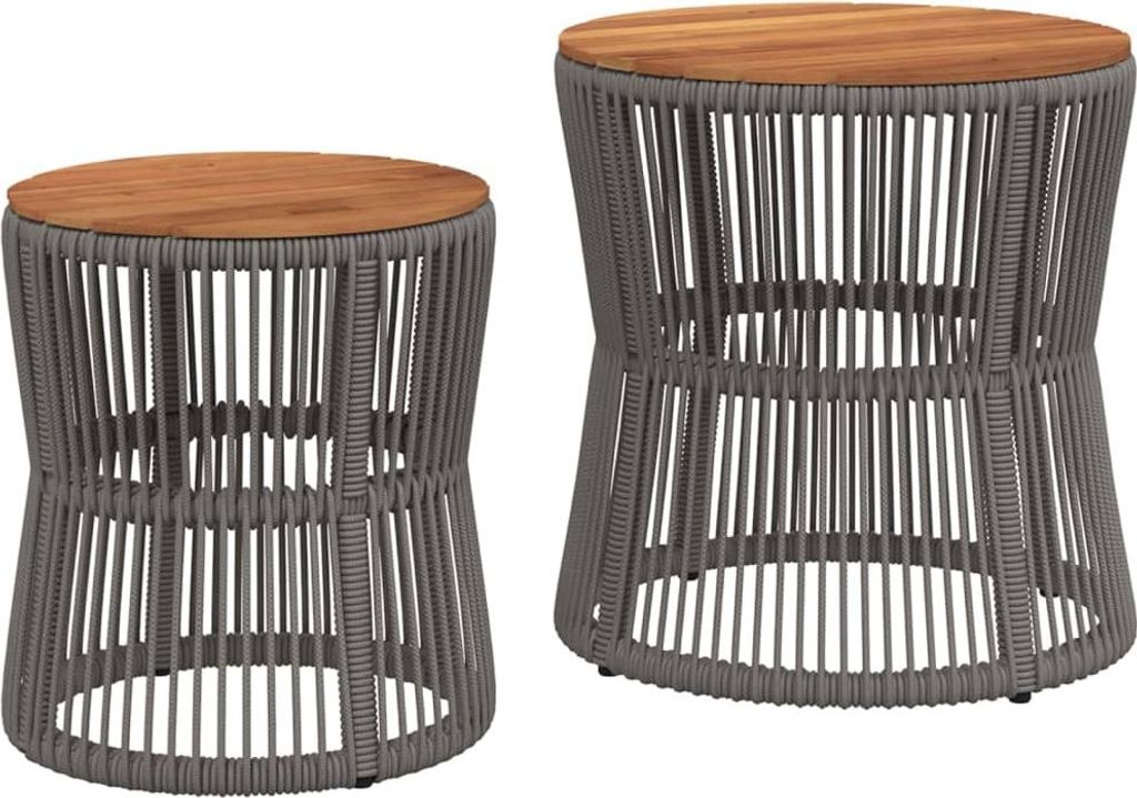 Two outdoor side tables with wooden tops and gray woven bases.
