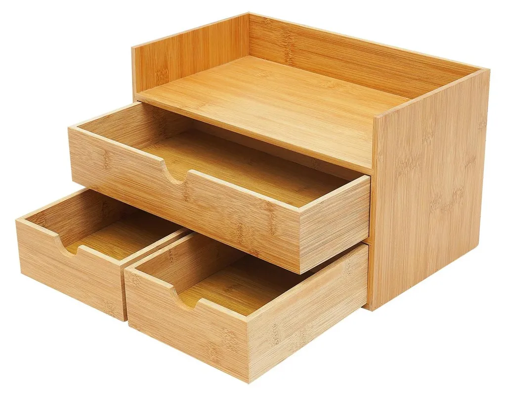 Boîte de rangement de bureau en bois de bambou à 3 tiroirs modulables 33cm