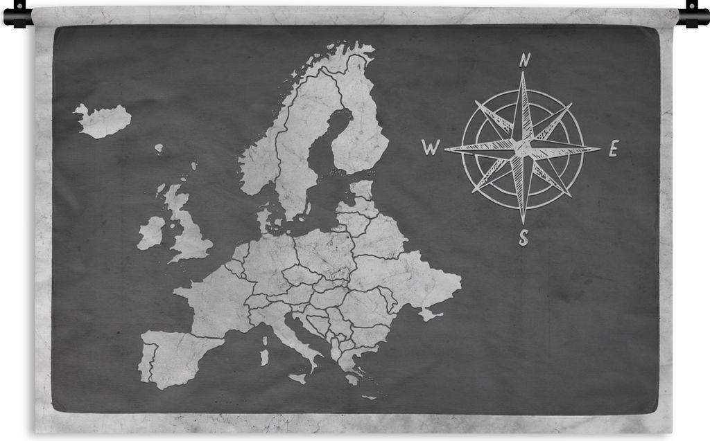 MuchoWow Wandteppich Wandbehang Vintage Euro-Karte mit Windrose - schwarz und weiß 120x80 cm Tapisserie Dekoration Wandtuch - Wanddekorationen -...
