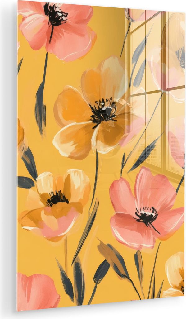 MuchoWow Glasbilder - Bilder auf Wandbild - Foto auf Glas Blumen - Gemalt - Gelb 80x120 cm Wanddekoration aus Glas - Acrylglasbild - Acrylbilder - ...