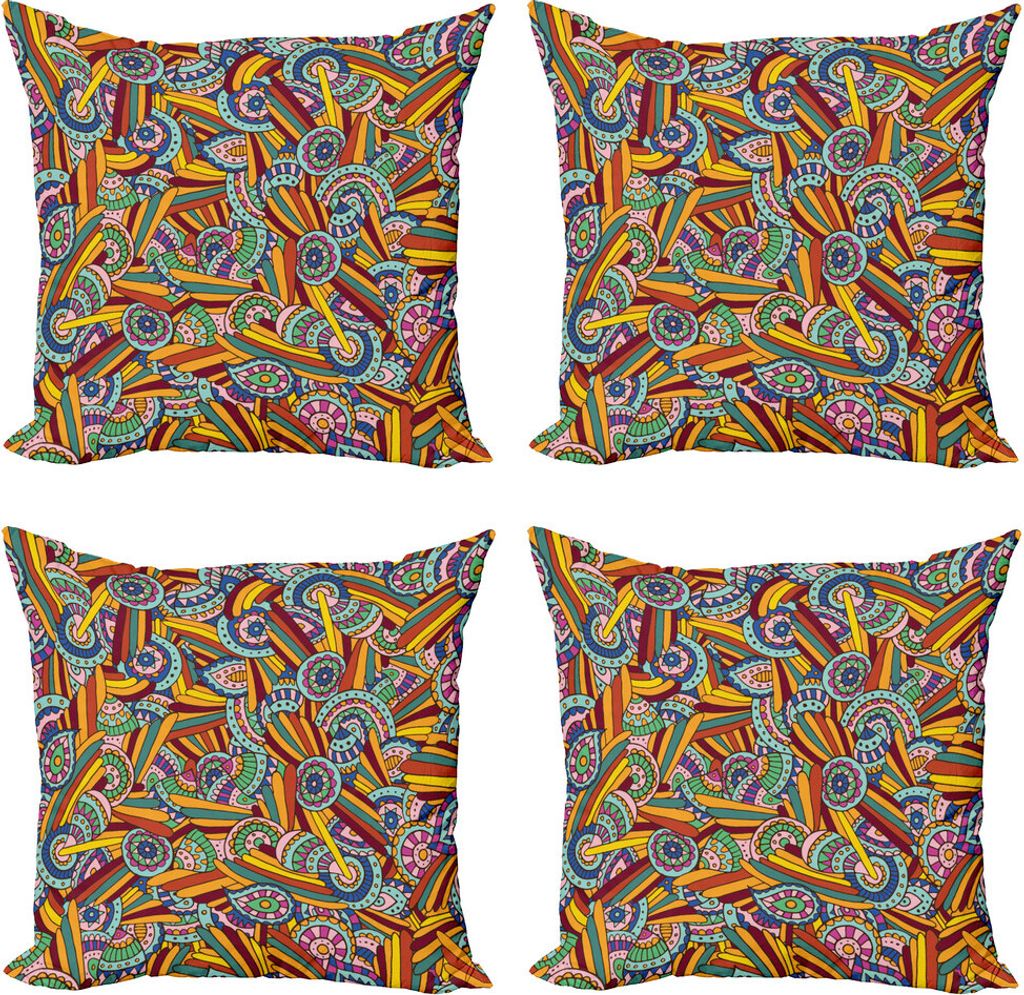 ABAKUHAUS Psychedelisch Kissenbezug Set (4 Stück), Funky Hippie Folk, Moderner Doppelseitiger Digitaldruck, 50 cm x 50 cm, Mehrfarbig
