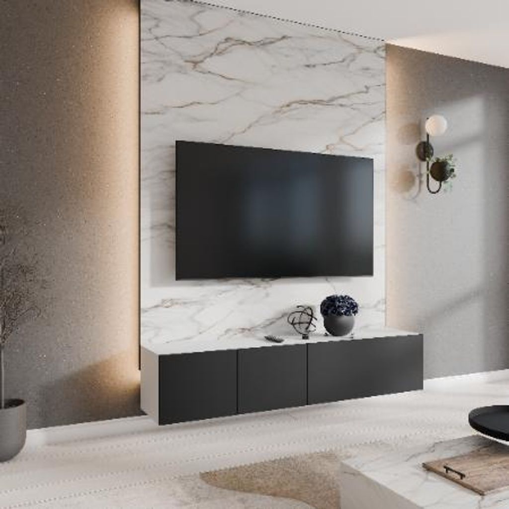 Margaret Hadas24 TV-Schrank Leo Fernsehschrank TV-Lowboard 200 cm Hängend modernes Design Wohnzimmer Wandmontage, TV Möbel weiß, schwarz