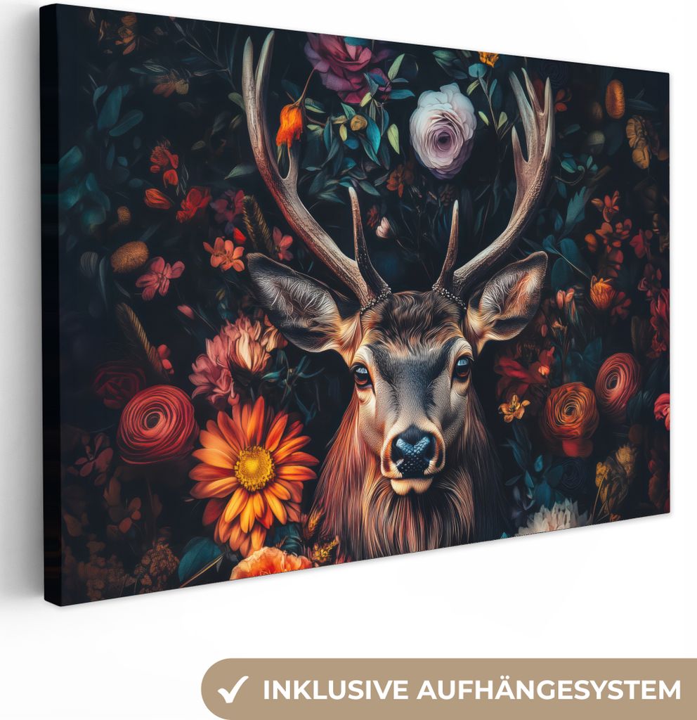 Leinwandbilder 60x40 cm - Tiere, Blumen - Hirsch - Natur, Bilder Wohnzimmer Modern, Wanddeko
