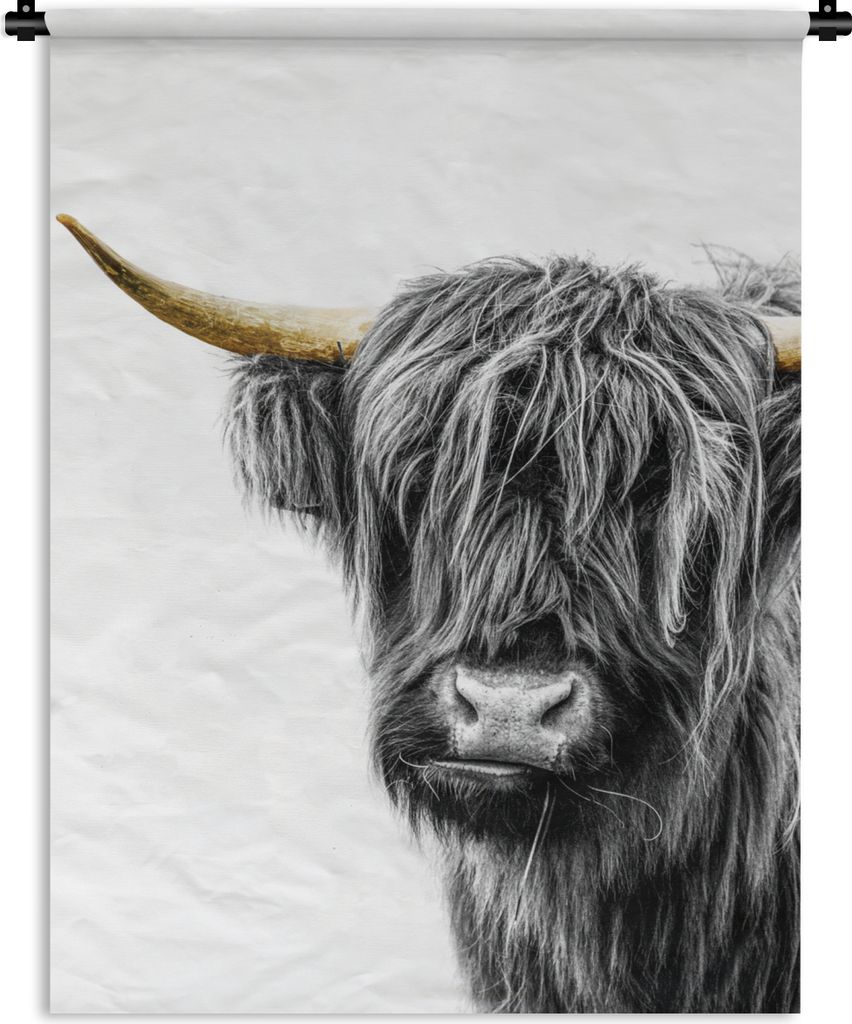 MuchoWow Wandteppich Wandbehang Scottish Hochlandrind - Schwarz - Weiß - Gold 60x80 cm Tapisserie Dekoration Wandtuch - Decke - Wandtücher - Wohne