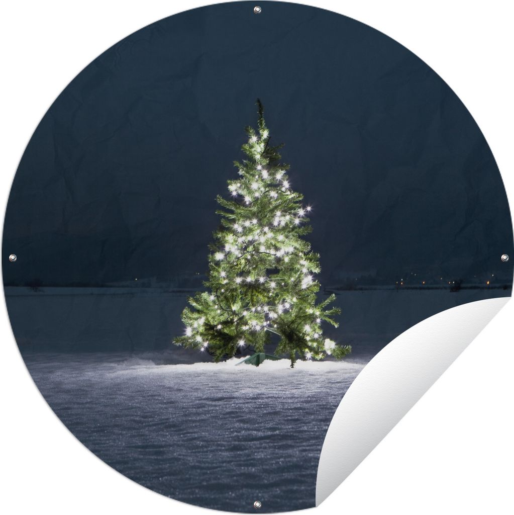MuchoWow Gartenposter Outdoor-Poster Rund Der Tannenbaum mit Lichtern in der Dunkelheit Ø 60 cm Gartendeko Rundes Poster draußen