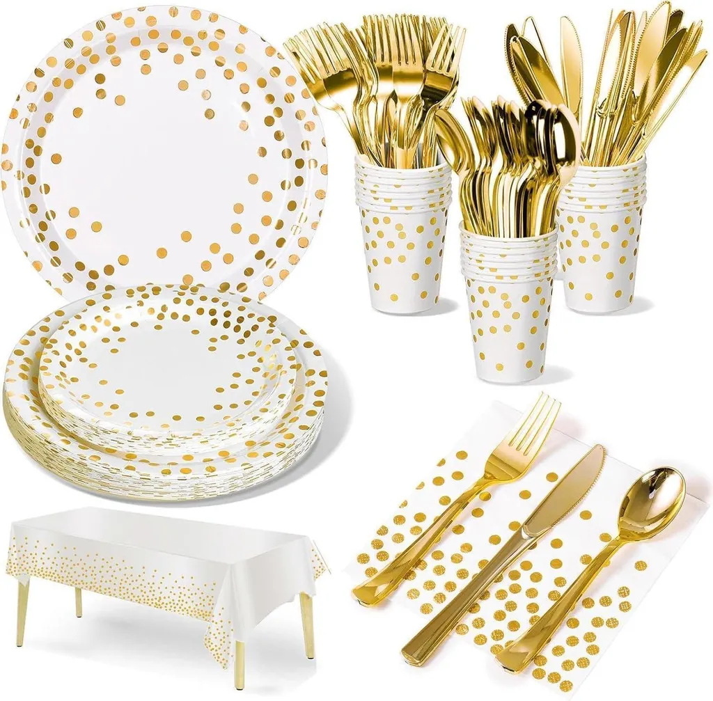 Kit vaisselle de fête or blanc 141 pièces avec couverts résistants