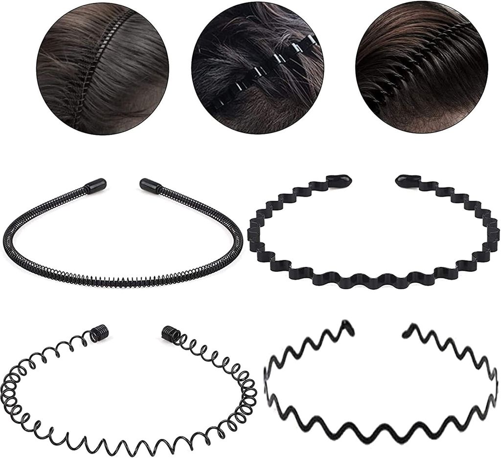 Gewelltes Frühlings-Sport-Stirnband, 4-teiliges Metall-Haarband, Kopfreifen, schwarzes wellenförmiges Haarband für Männer und Frauen, rutschfes...