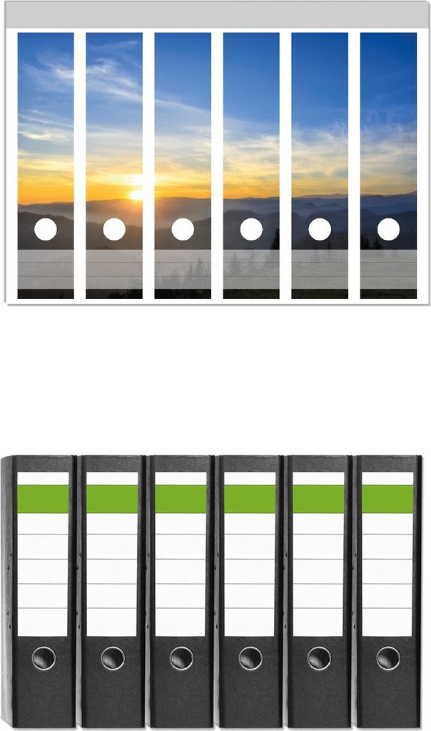 Wallario 6 Stück breite Ordner inkl. Klebeetiketten mit Motive Sonnenaufgang über dem Schwarzwald - Set mit Rückenschildern / Ordnerrücken Sti...