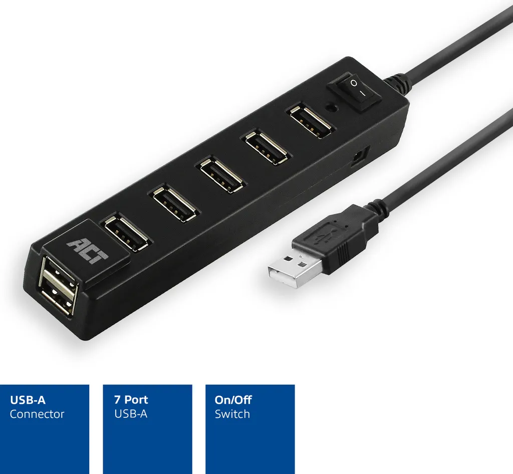 ACT AC6215 Hub USB 2.0 7 Porte | Design Compatto e Switch Integrato