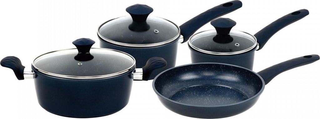 Herzberg HG-04685BLU: 7-teiliges Kochgeschirr-Set aus marmorbeschichtetem Gusseisen - Blau