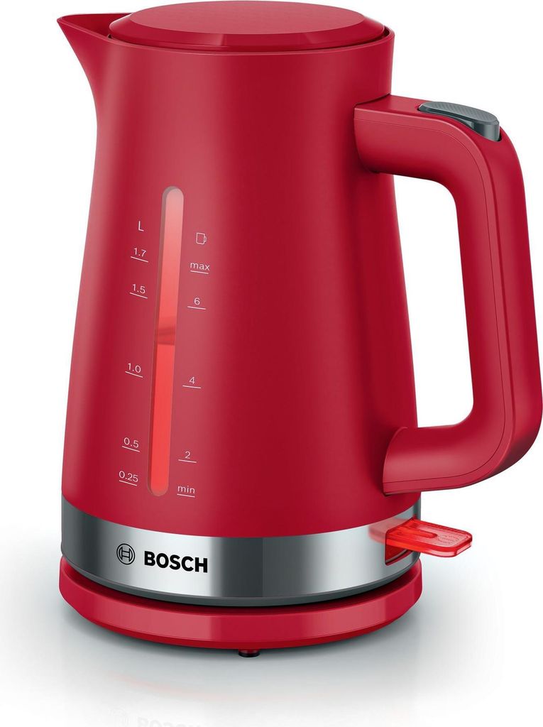A red electric kettle on a white background.