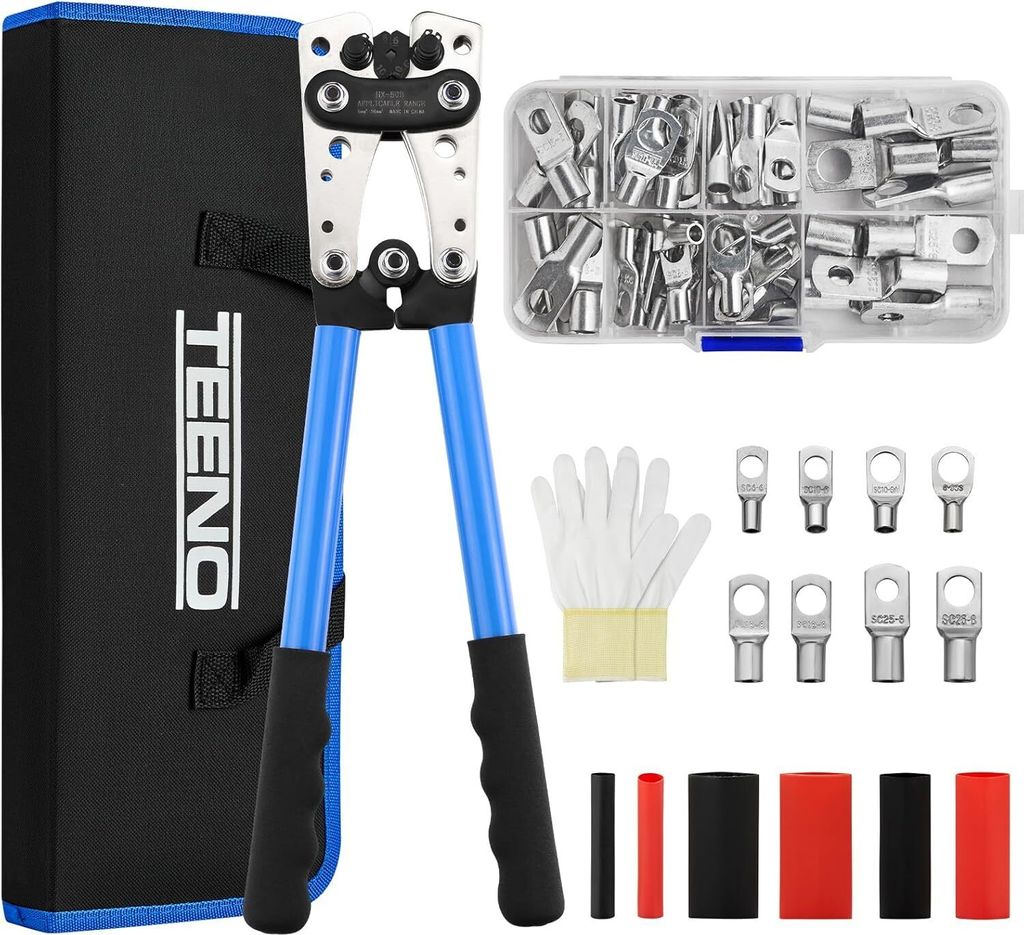 TEENO Crimpzange mit Aufbewahrungstasche, AWG 10-0(6-50 mm²), Aderendhülsen Kabelschuhzange, 60PCS Kupferringklemmen aus Kupfer+6PCS Schrumpfschl...