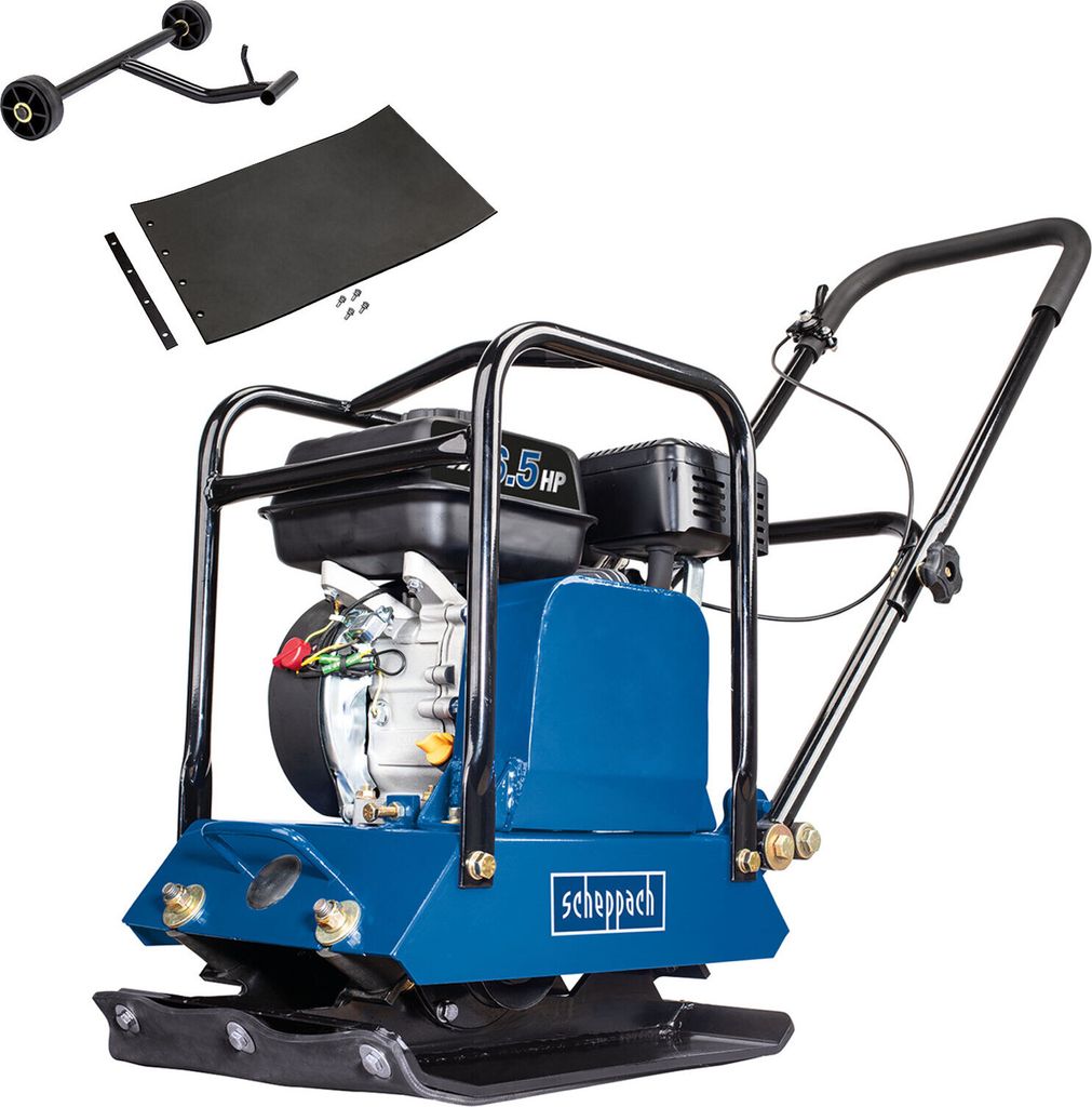 A blue and black plate compactor with its accessories, including a wheel kit and a rubber mat, is displayed against a white background.