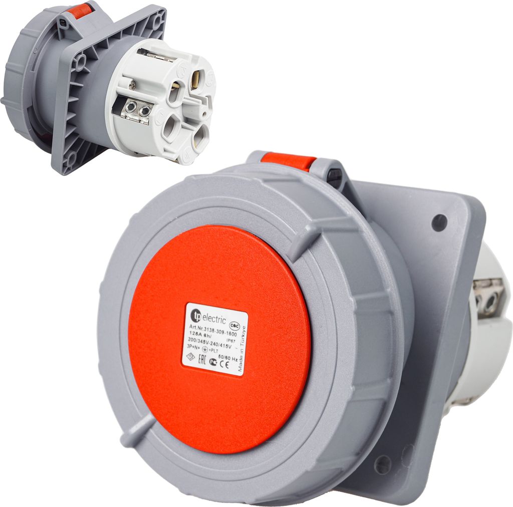 Two industrial electrical connectors are shown against a white background. One is a close-up of the front of a large, round connector with an orange cap and a label. The other is a smaller, angled view of a similar connector, showing its internal wiring.