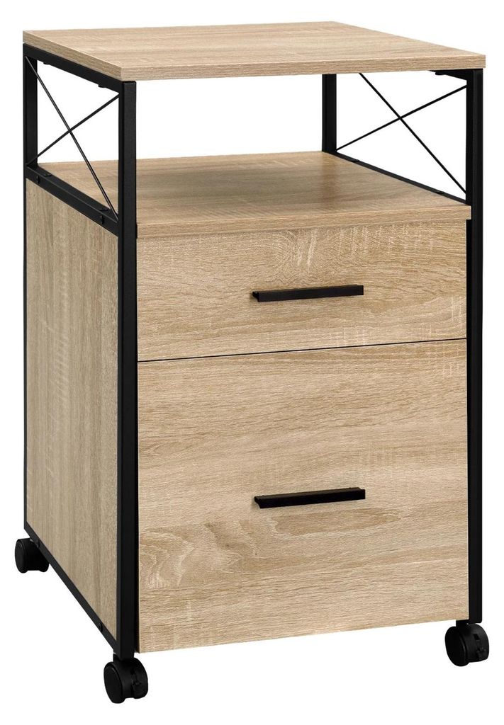 Aktenschrank - Rollcontainer - 2 Schubladen - Hängeregister A4/Letter - 40 x 69 x 40 cm - Kiefernholz - Mit Rollen - Druckerablage - Helles Holz