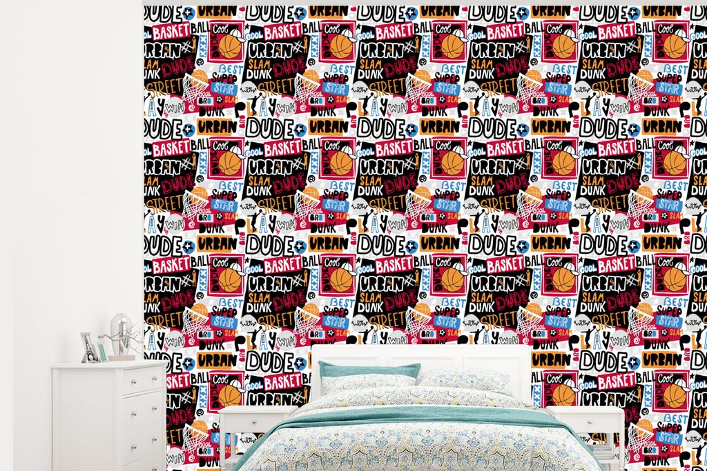 MuchoWow Fototapete für Wohnzimmer oder Schlafzimmer Wandtapete Vinyl Motivtapete Basketball - Zitate - Muster - Alphabet - 275x220 cm - Gemustert