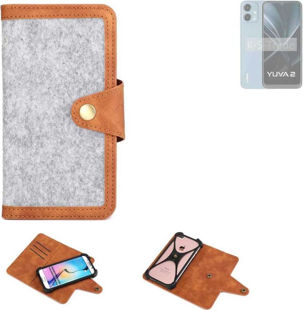 K-S-Trade Handyhülle kompatibel mit Lava Yuva 2 Schutzhülle Filz-Hülle Kunst-Leder hellgrau braun (1x)