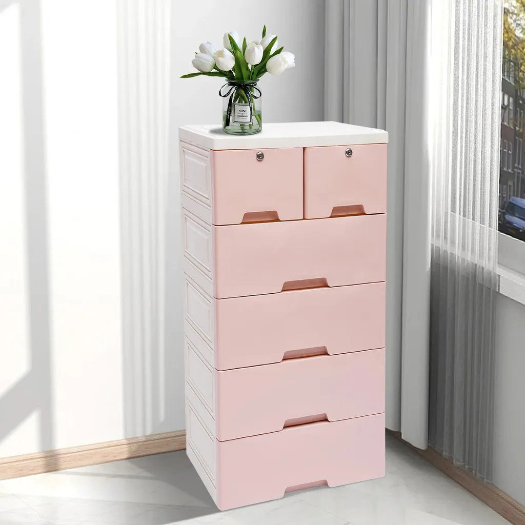 Tour de rangement en plastique PP rose - 6 tiroirs robustes 25 kg max