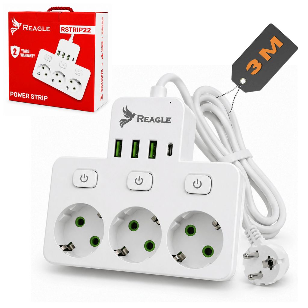 Reagle 3m Steckdosenleiste 3-fach einzeln schaltbar mit 4x Produktbild 