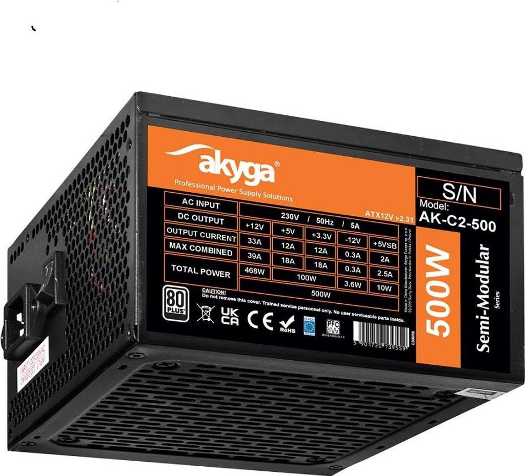 ATX-Netzteil 500W Akyga AK-C2-500, teilmodular, P4+4, 2x PCI-E 6+2-Pin, 4x SATA, 2x Molex, Lüfter 12 cm