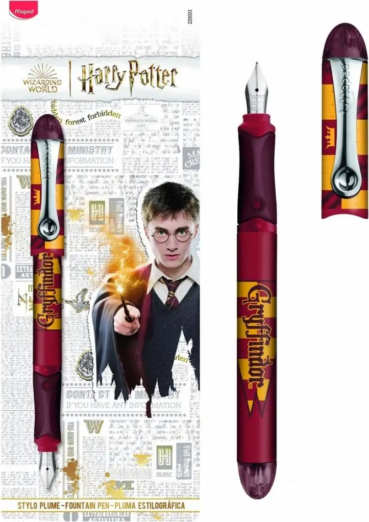 A Harry Potter themed fountain pen and its packaging, featuring Gryffindor colors and imagery of Harry Potter.
