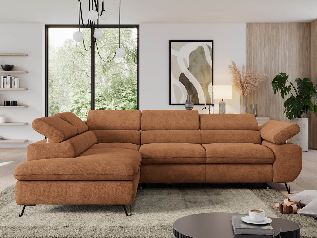 Couch, L-förmig ecksofa, mit Schlaffunktion und Verstellbare Kopfstützen, Bettkasten - PEDRO L - Struktur - Orange - Links