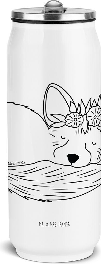 Mr. & Mrs. Panda Wasserflasche Wüstenfuchs Blumen - Weiß - Geschenk, Thermosflasche, Getränkeflasche, Thermoflasche, Edelstahl Trinkflasche, Blu...