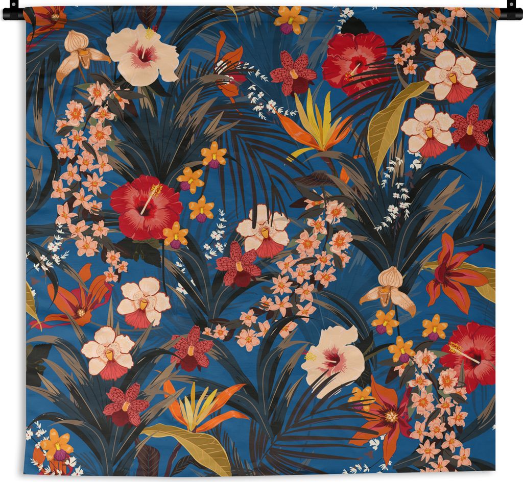 MuchoWow Wandteppich Wandbehang Blumen - Hibiskus - Tropisch - Muster 90x90 cm Tapisserie Dekoration Wandtuch - Wandaufhänger