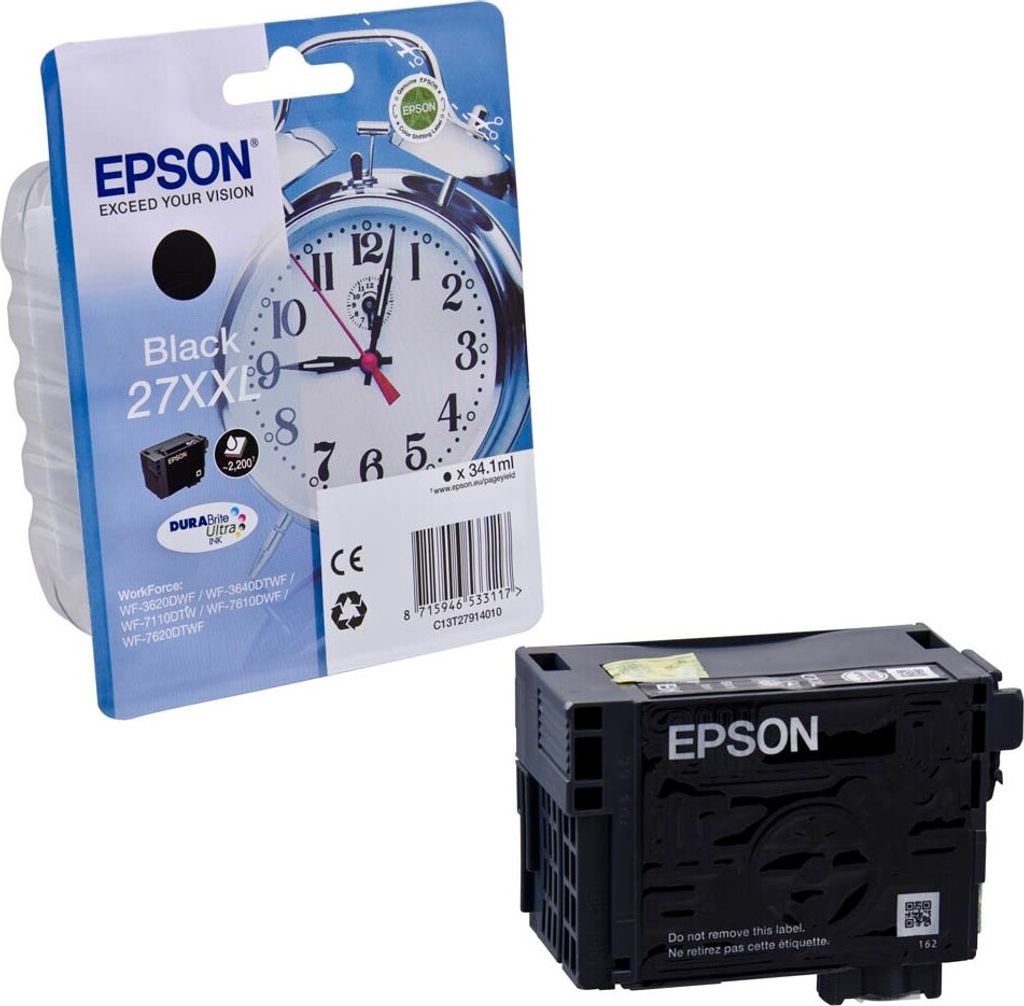 An Epson ink cartridge is shown in its packaging next to the ink cartridge itself.