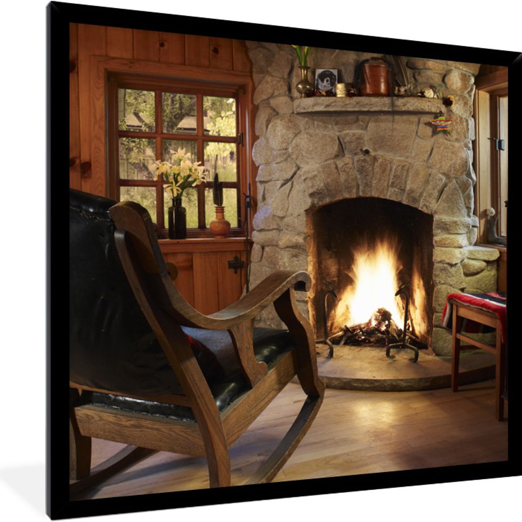 MuchoWow Gerahmtes Poster Brennendes Feuer in einem Kamin 40x40 cm - Poster mit Schwarzem Bilderrahmen Wandposter Rahmen Foto Bilder - Mit Rahmen...