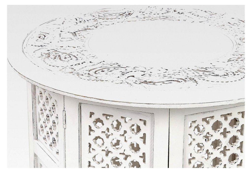 Runder Beistelltisch aus Mangoholz weiß 53 cm Vintage rustikal mit Verzierung