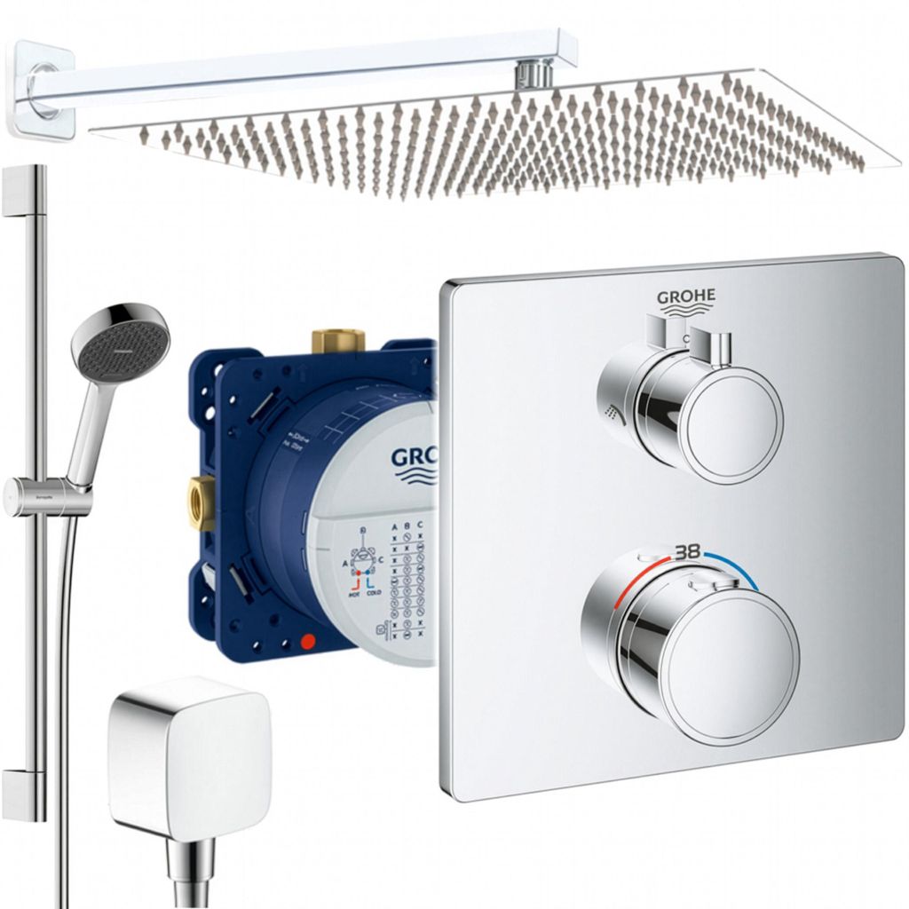 Grohe und Jowi Unterputz Duschsystem, mit Grohtherm Thermostat, 360x360mm Kopfbrause, 650mm Brausestange