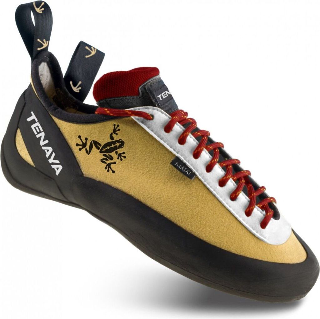Schnür-Kletterschuh 'Masai' von Tenaya in gelb mit schwarzer Sohle und roter Schnürung.
