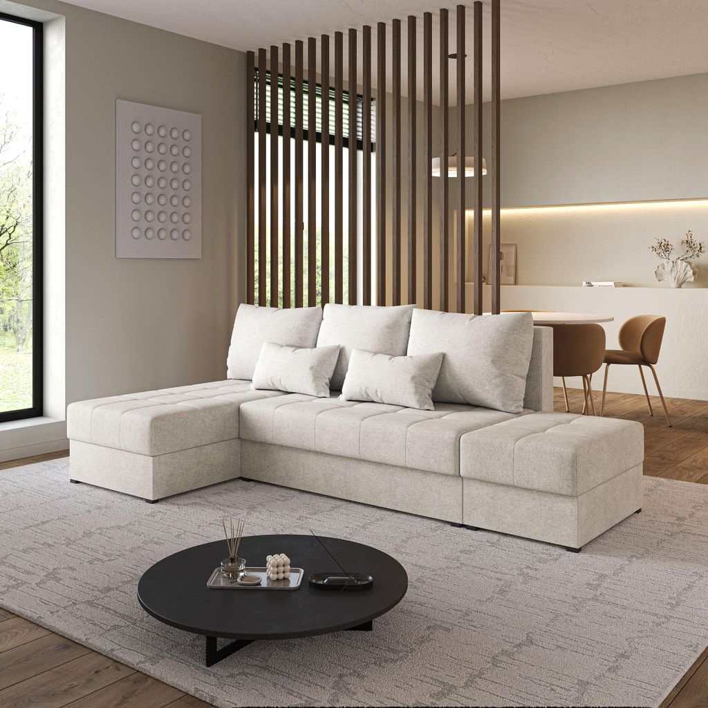 Masseno Ecksofa NORVI mit Schlaffunktion L-Form, Sofa mit Bettkasten, Wohnzimmersofa, Couch, Soffa, Bettsofa, Couchgarnitur- Creme, NEVE 02