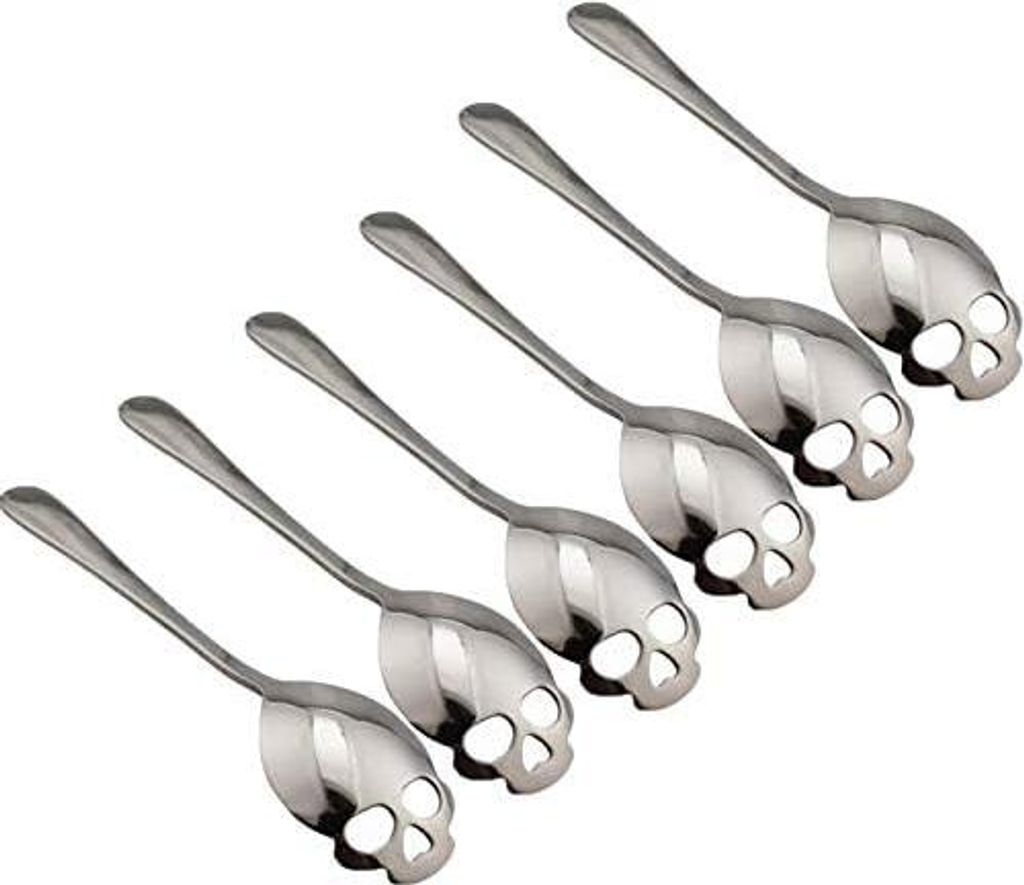 Zuckerlöffel aus 304 Edelstahl, Totenkopf-Design, 6 Stück (Silber)
