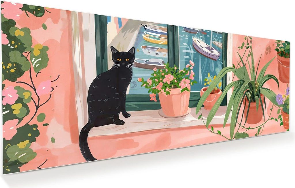 Glasbild 150x60cm in XXL für Wohnzimmer, Schlafzimmer Motiv Katze am Fenster