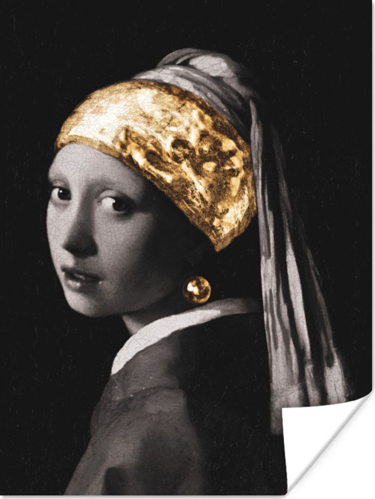 MuchoWow Poster Mädchen mit einem Perlenohrring - Vermeer - Gold 60x80 cm - Schlafzimmer Dekoration