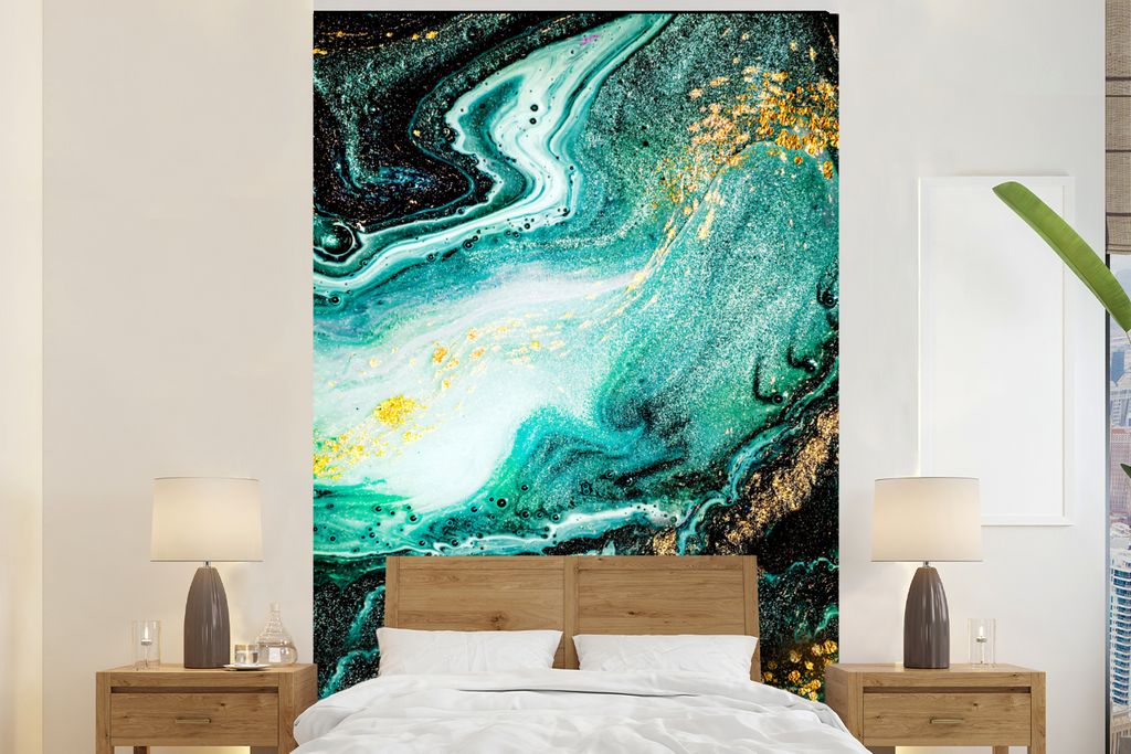 MuchoWow Fototapete für Wohnzimmer oder Schlafzimmer Wandtapete Vinyl Motivtapete Marmoroptik - Blau - Gold - Glitzer - Luxus - Marmor - 180x280...
