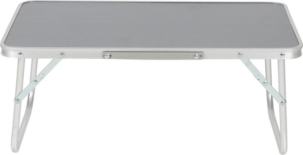 A portable folding table with a gray surface and silver legs.