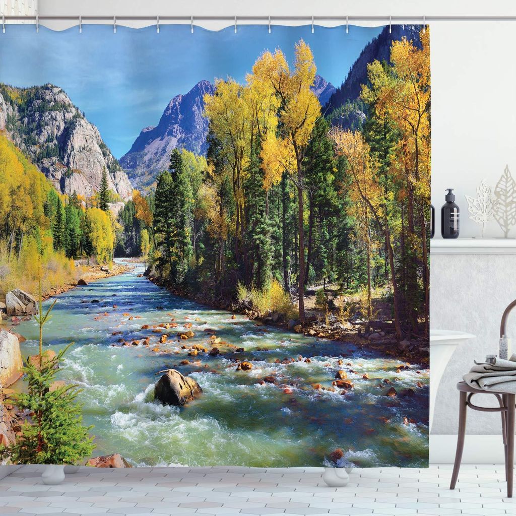 Duschvorhang mit Landschaftsmotiv, Berge von Colorado, Badezimmer-Dekorationsset aus Stoff mit Haken, 175 x 240 cm, gelb, blau und grün