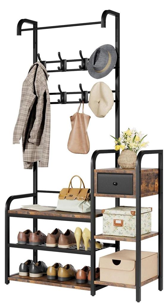 Flurmöbel - Garderobe mit Sitzbank - 8 Haken - Schublade & Ablage - Metallgestell - Platzsparend für kleine Räume - Retrobraun