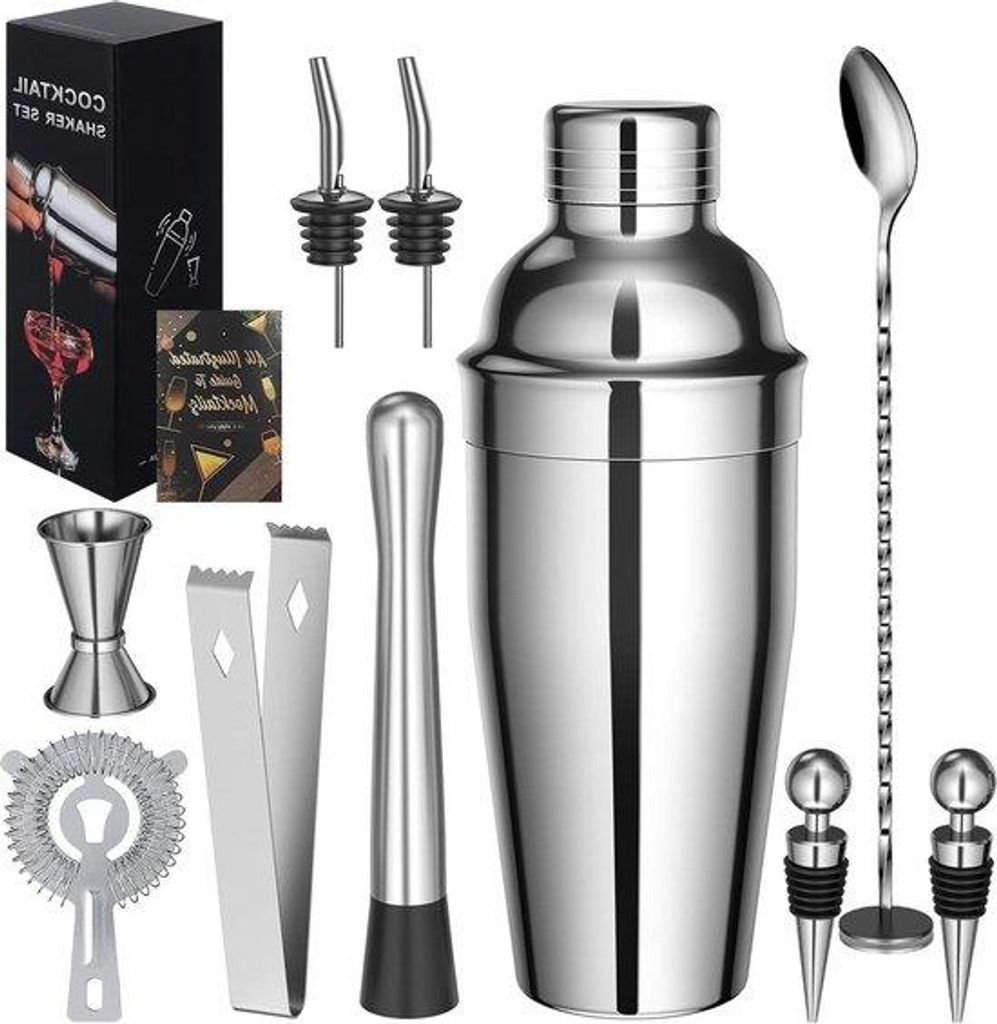 Cocktailmixset mit Rezeptenbuch aus Edelstahl, 10 Teile, 750 ml Premium Barkeeper-Set für den Heimbar.