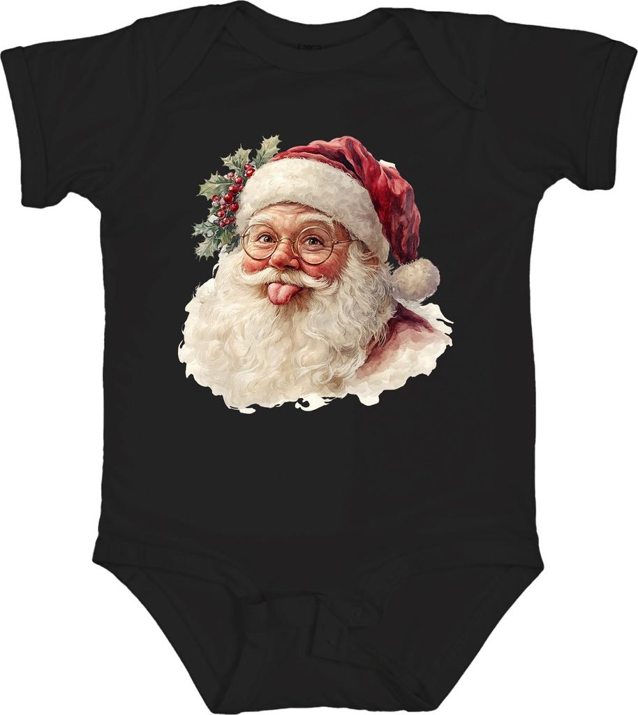 Weihnachtsmann Zunge raus Brille Stechpalme Lustig Aquarell Unisex Baby Body, Schwarz, 3/6